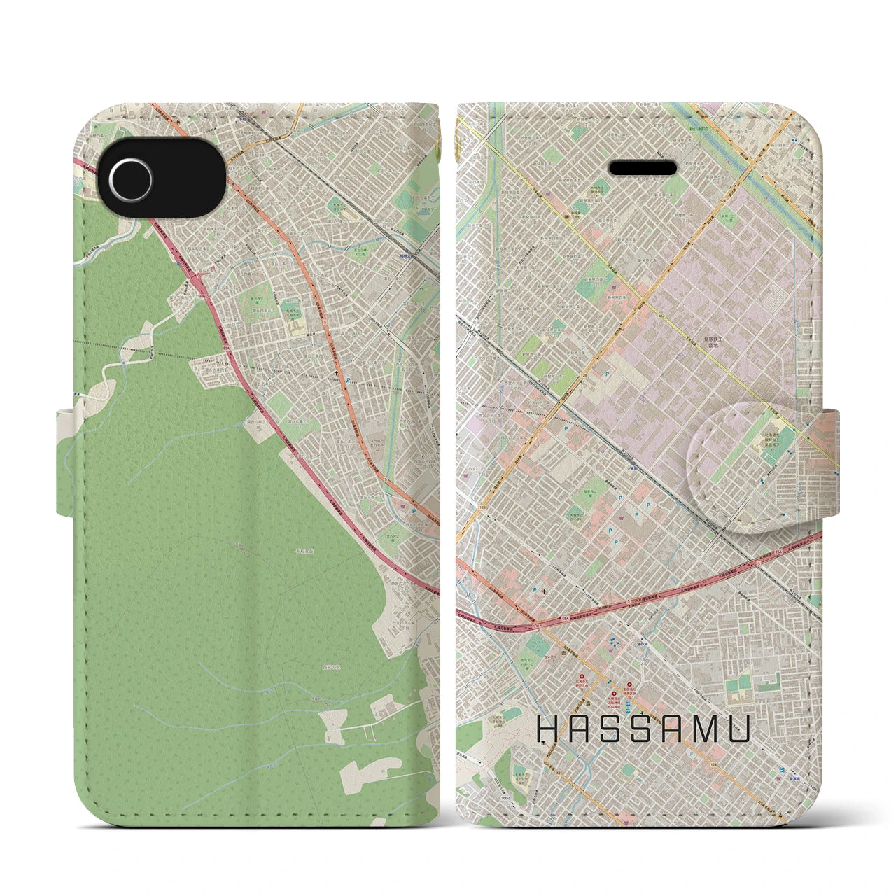 【発寒(北海道)】地図柄iPhoneケース(手帳タイプ)ナチュラル・iPhone SE(第3 / 第2世代) / 8 / 7 / 6s / 6 用