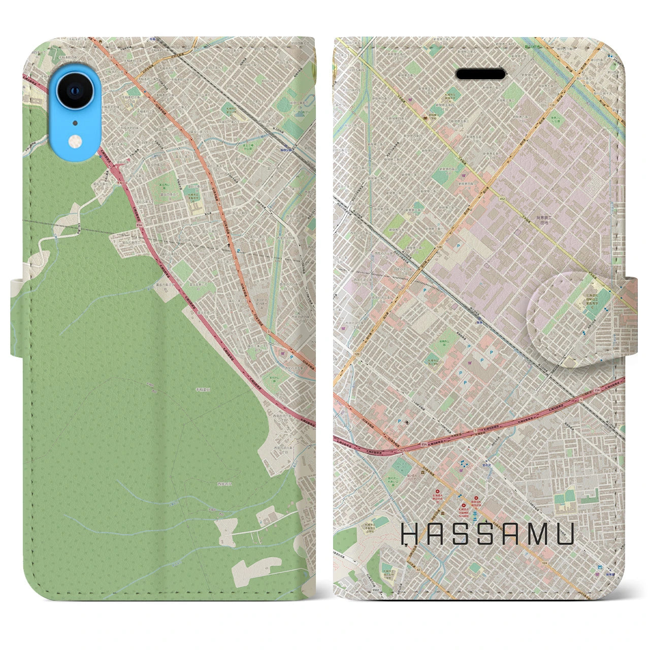 【発寒(北海道)】地図柄iPhoneケース(手帳タイプ)ナチュラル・iPhone XR 用