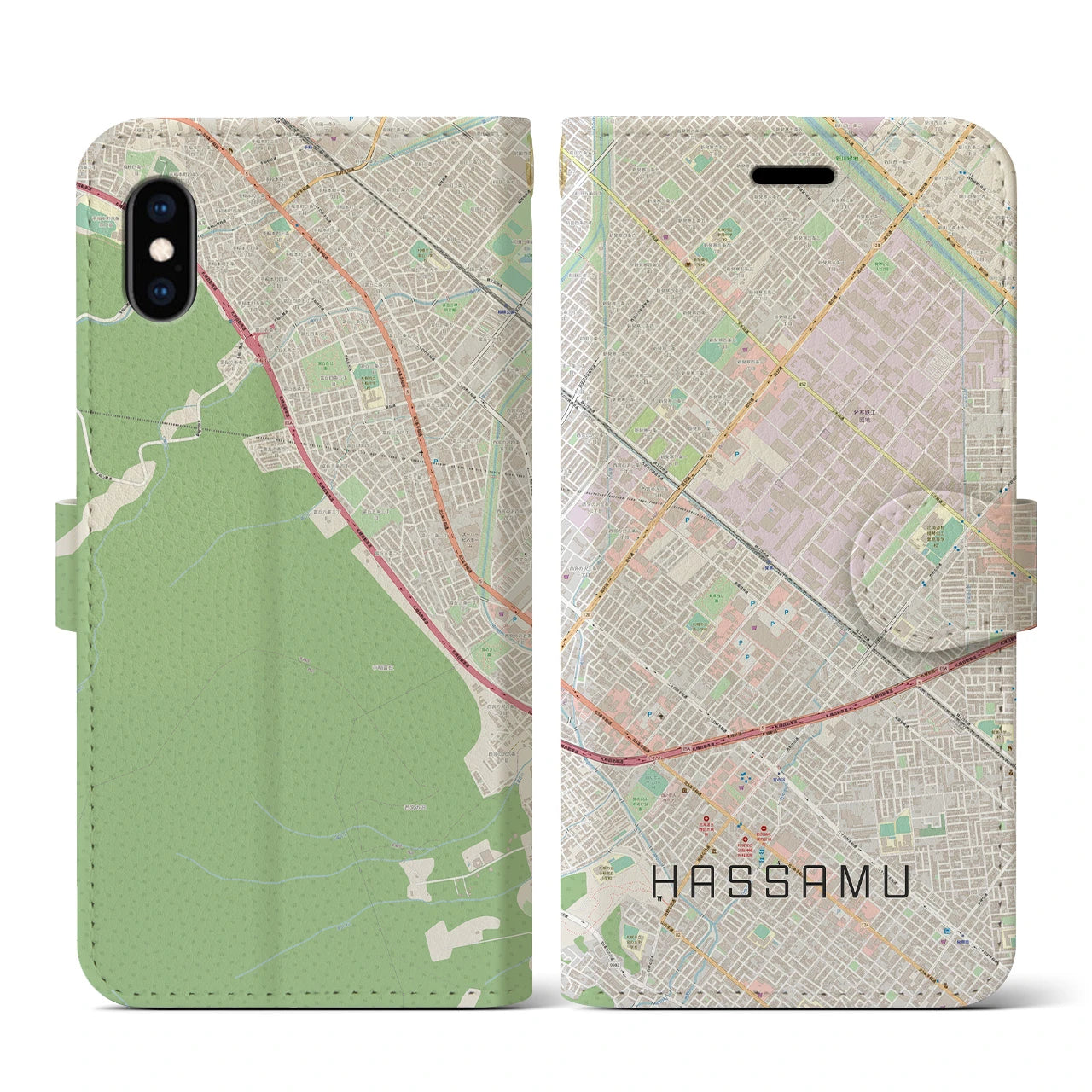 【発寒(北海道)】地図柄iPhoneケース(手帳タイプ)ナチュラル・iPhone XS / X 用