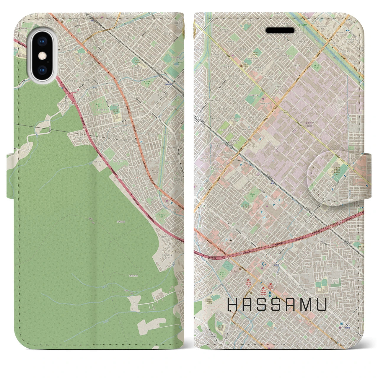 【発寒(北海道)】地図柄iPhoneケース(手帳タイプ)ナチュラル・iPhone XS Max 用