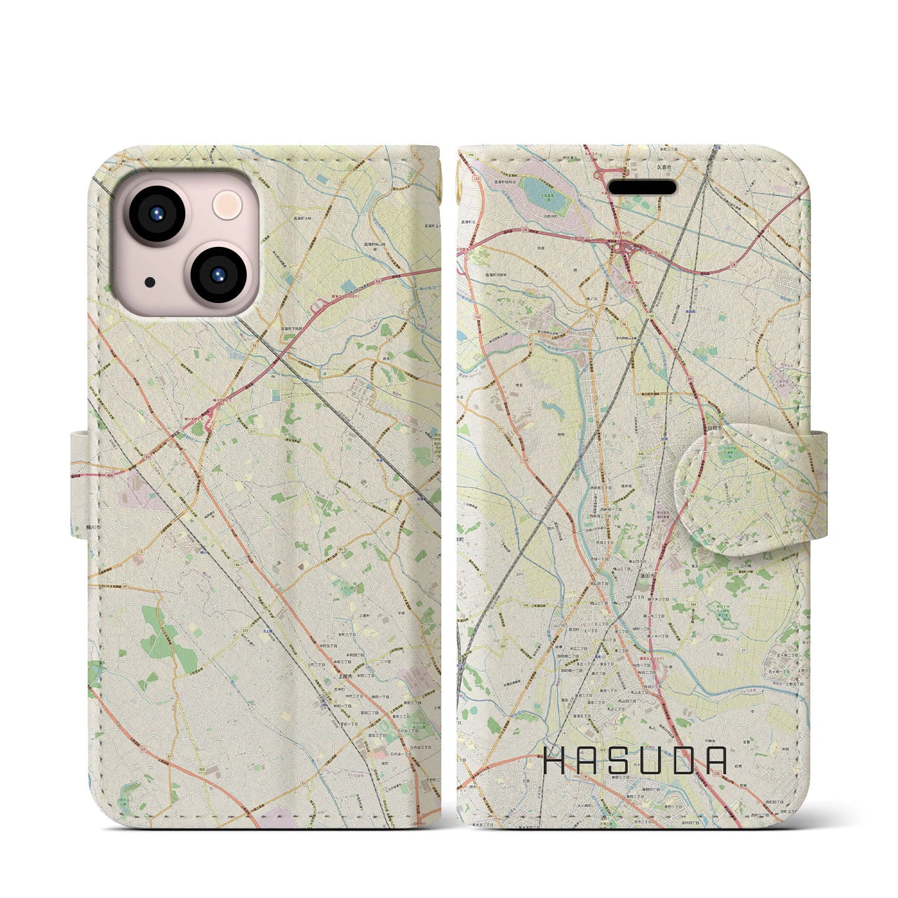【蓮田(埼玉県)】地図柄iPhoneケース(手帳タイプ)ナチュラル・iPhone 13 mini 用