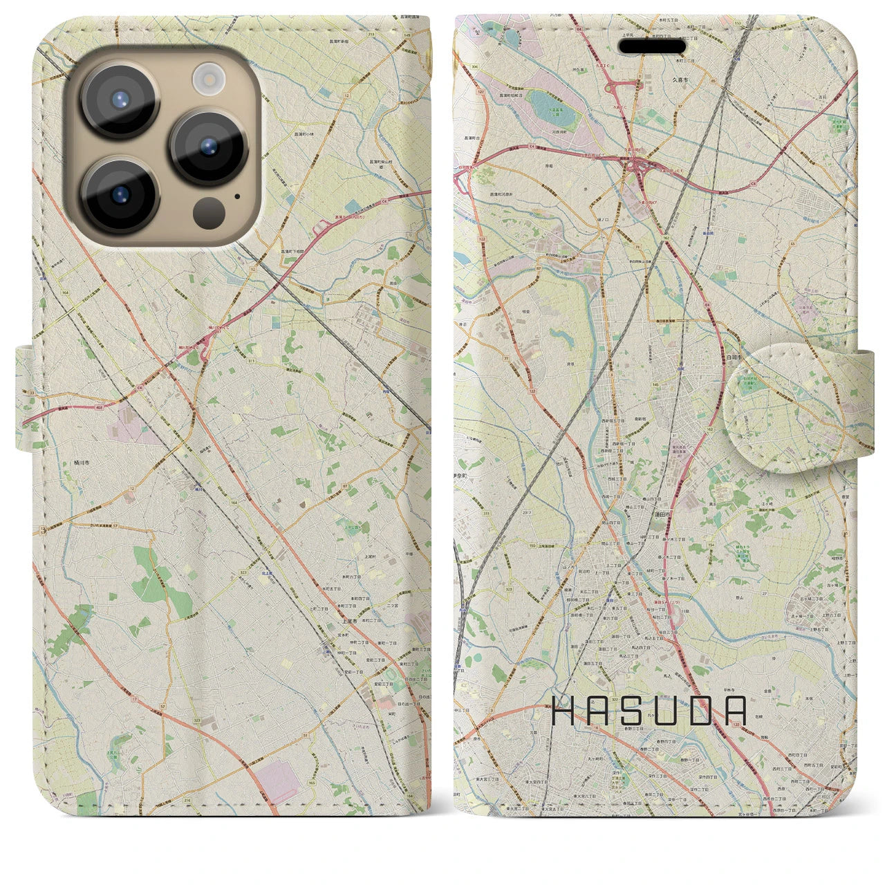 【蓮田(埼玉県)】地図柄iPhoneケース(手帳タイプ)ナチュラル・iPhone 14 Pro Max 用
