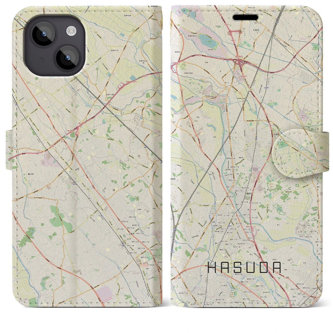 【蓮田(埼玉県)】地図柄iPhoneケース(手帳タイプ)ナチュラル・iPhone 14 Plus 用