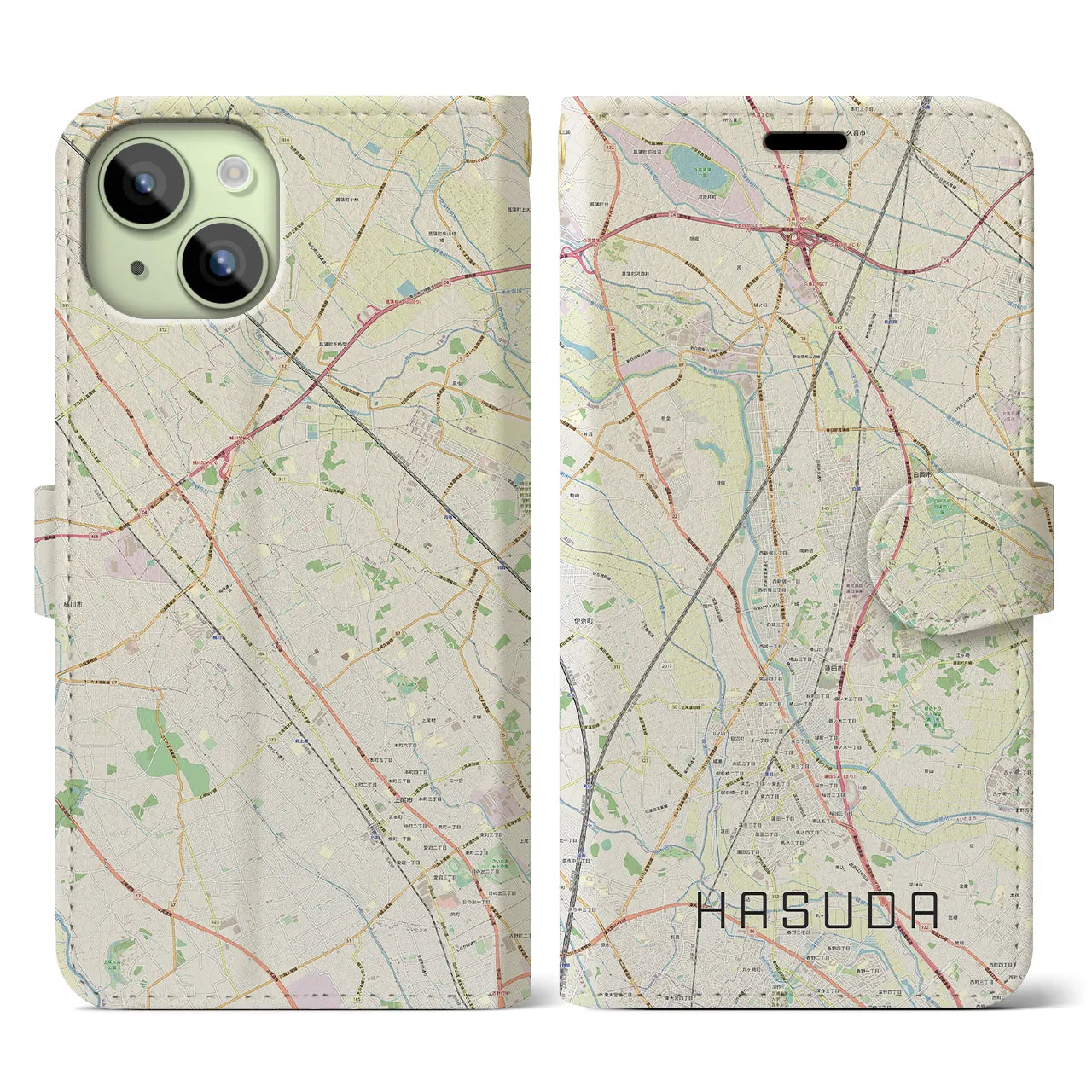 【蓮田(埼玉県)】地図柄iPhoneケース(手帳タイプ)ナチュラル・iPhone 15 用