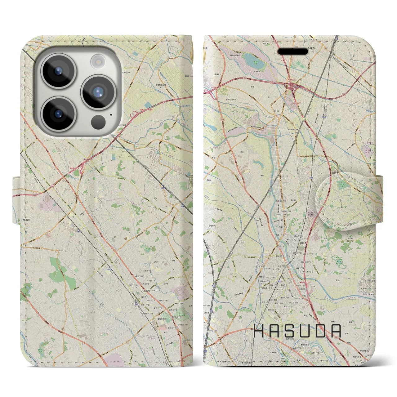 【蓮田(埼玉県)】地図柄iPhoneケース(手帳タイプ)ナチュラル・iPhone 15 Pro 用