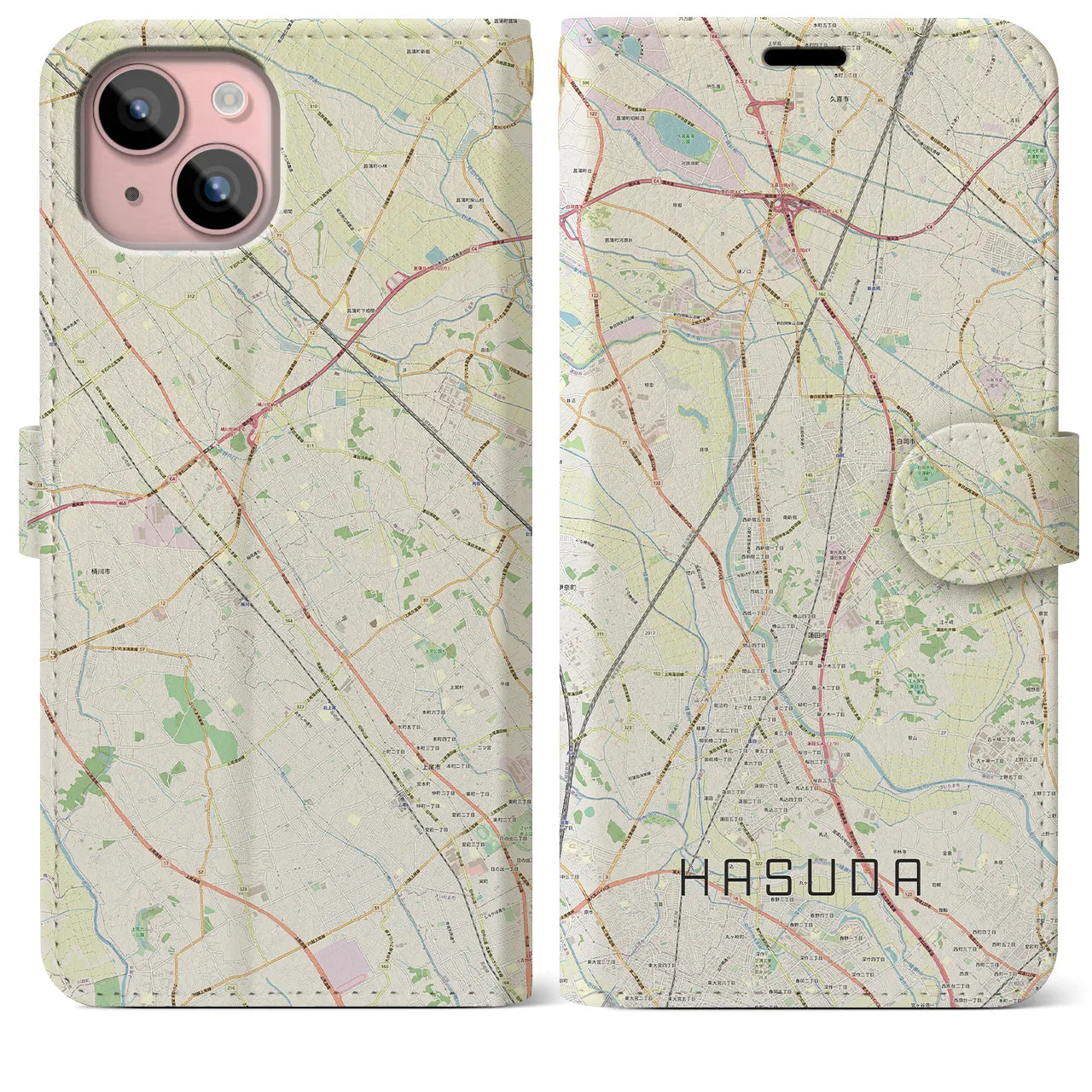 【蓮田(埼玉県)】地図柄iPhoneケース(手帳タイプ)ナチュラル・iPhone 15 Plus 用