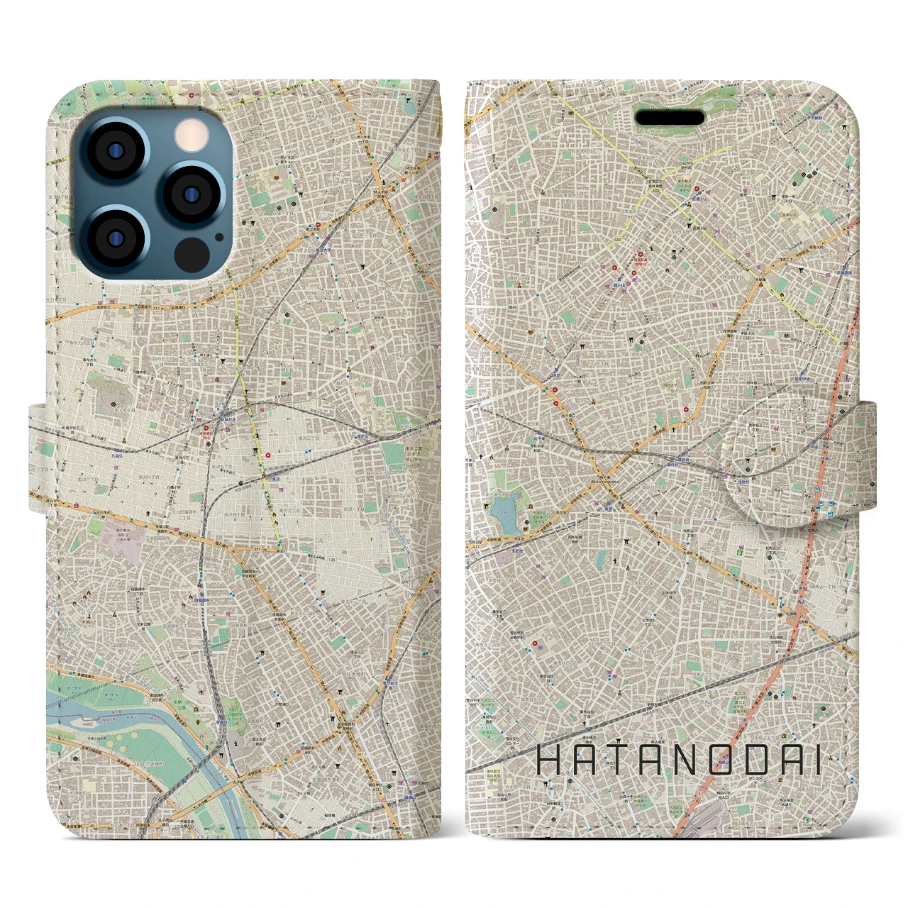 【旗の台(東京都)】地図柄iPhoneケース(手帳タイプ)ナチュラル・iPhone 12 / 12 Pro 用
