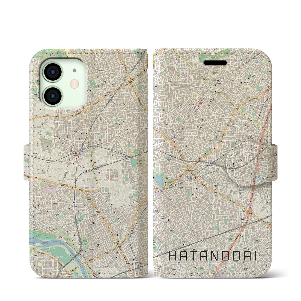 【旗の台(東京都)】地図柄iPhoneケース(手帳タイプ)ナチュラル・iPhone 12 mini 用