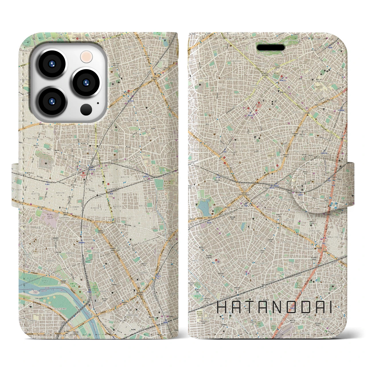 【旗の台(東京都)】地図柄iPhoneケース(手帳タイプ)ナチュラル・iPhone 13 Pro 用
