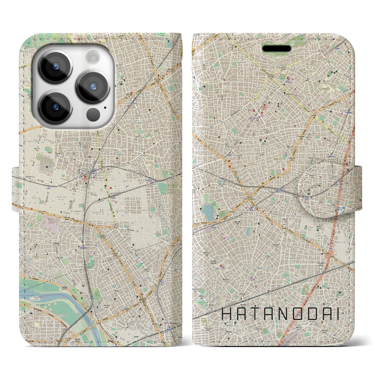 【旗の台(東京都)】地図柄iPhoneケース(手帳タイプ)ナチュラル・iPhone 14 Pro 用