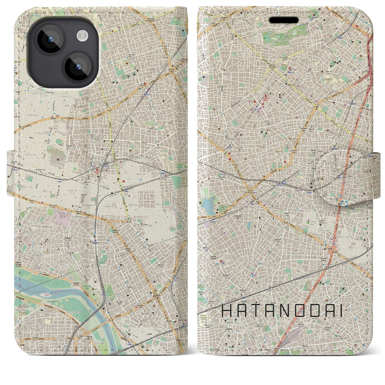 【旗の台(東京都)】地図柄iPhoneケース(手帳タイプ)ナチュラル・iPhone 14 Plus 用