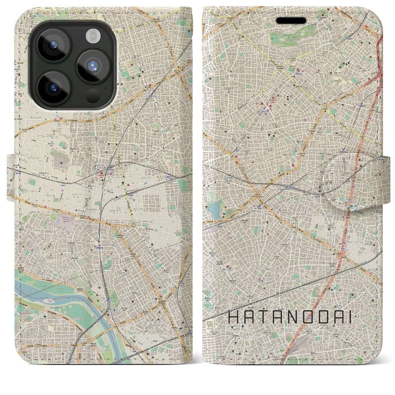 【旗の台(東京都)】地図柄iPhoneケース(手帳タイプ)ナチュラル・iPhone 15 Pro Max 用