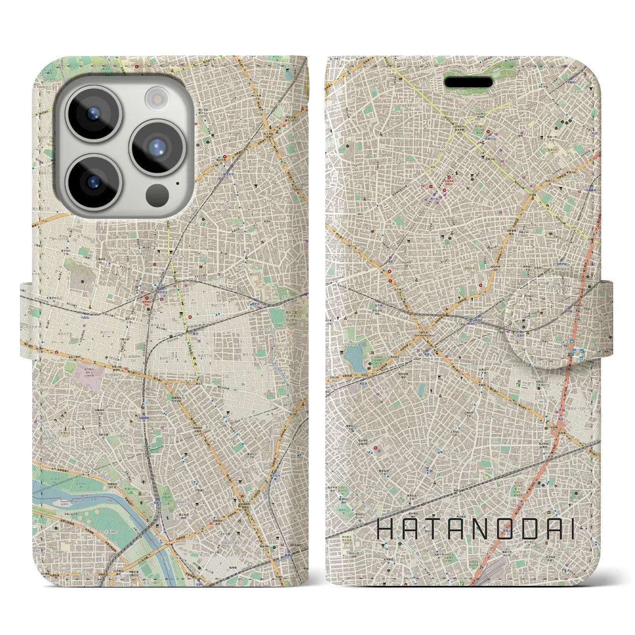 【旗の台(東京都)】地図柄iPhoneケース(手帳タイプ)ナチュラル・iPhone 15 Pro 用