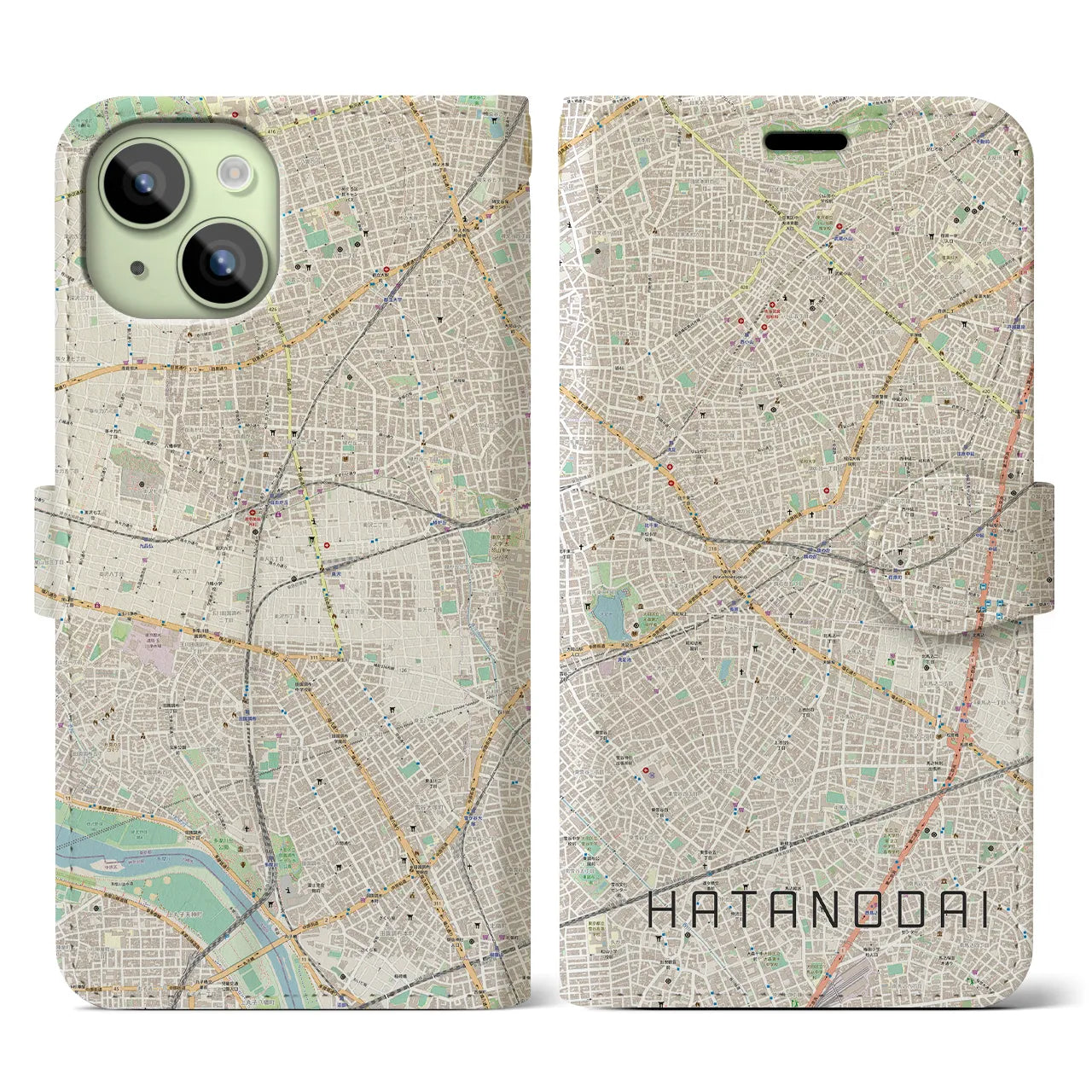 【旗の台(東京都)】地図柄iPhoneケース(手帳タイプ)ナチュラル・iPhone 15 用