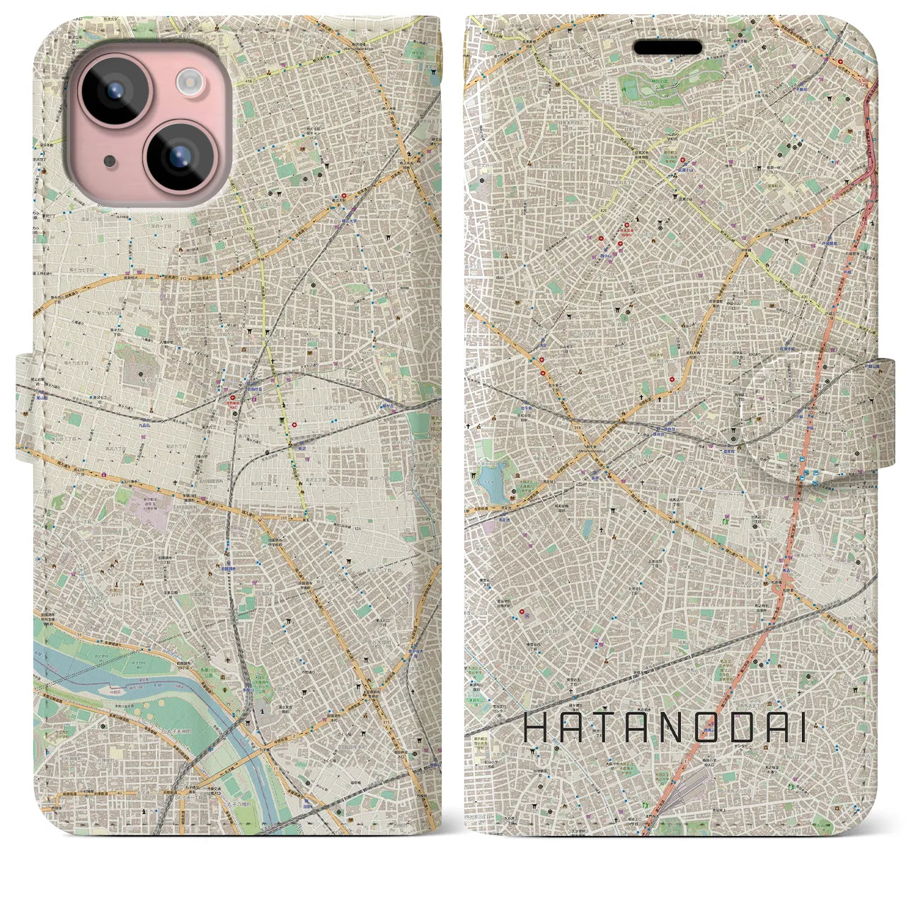 【旗の台(東京都)】地図柄iPhoneケース(手帳タイプ)ナチュラル・iPhone 15 Plus 用