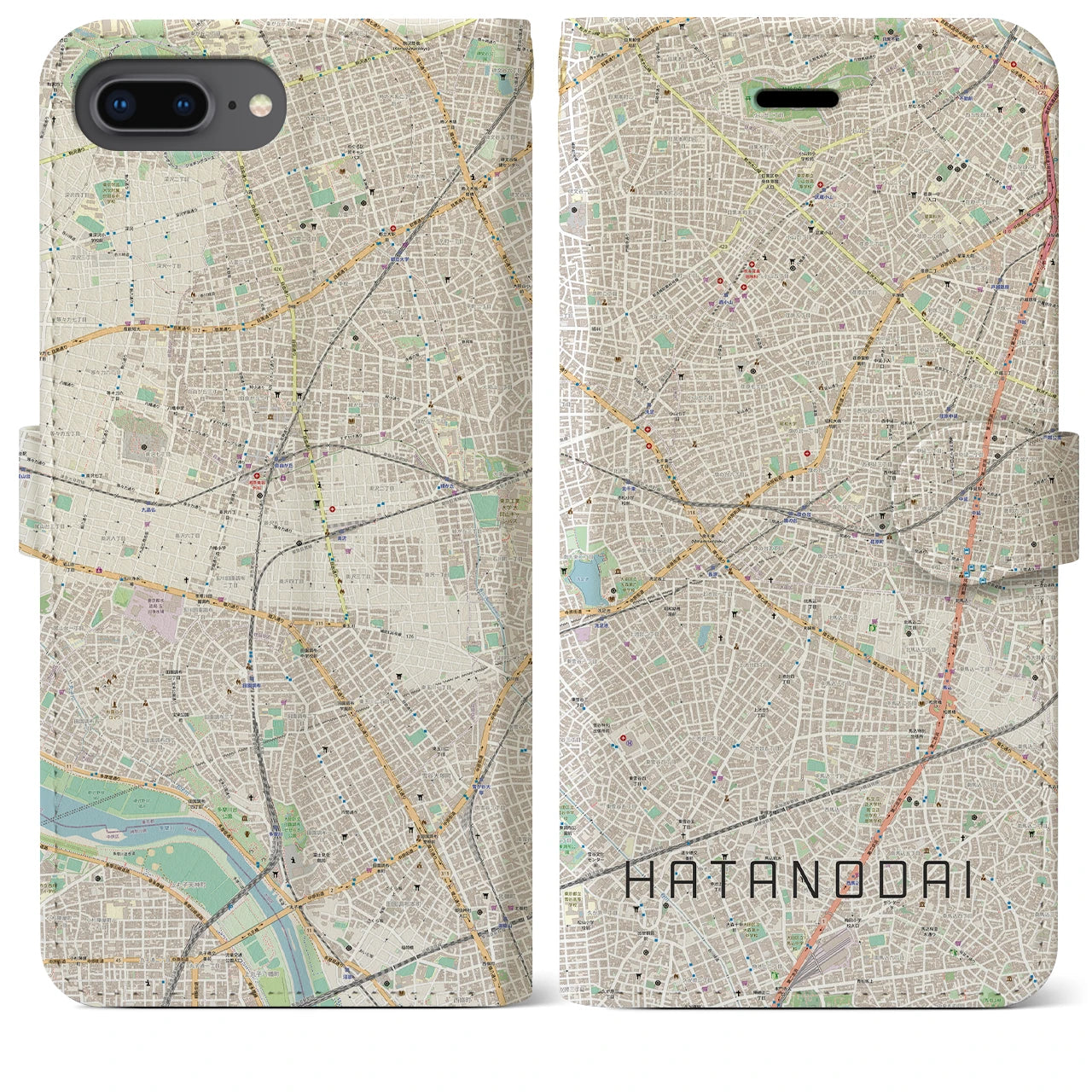 【旗の台(東京都)】地図柄iPhoneケース(手帳タイプ)ナチュラル・iPhone 8Plus /7Plus / 6sPlus / 6Plus 用