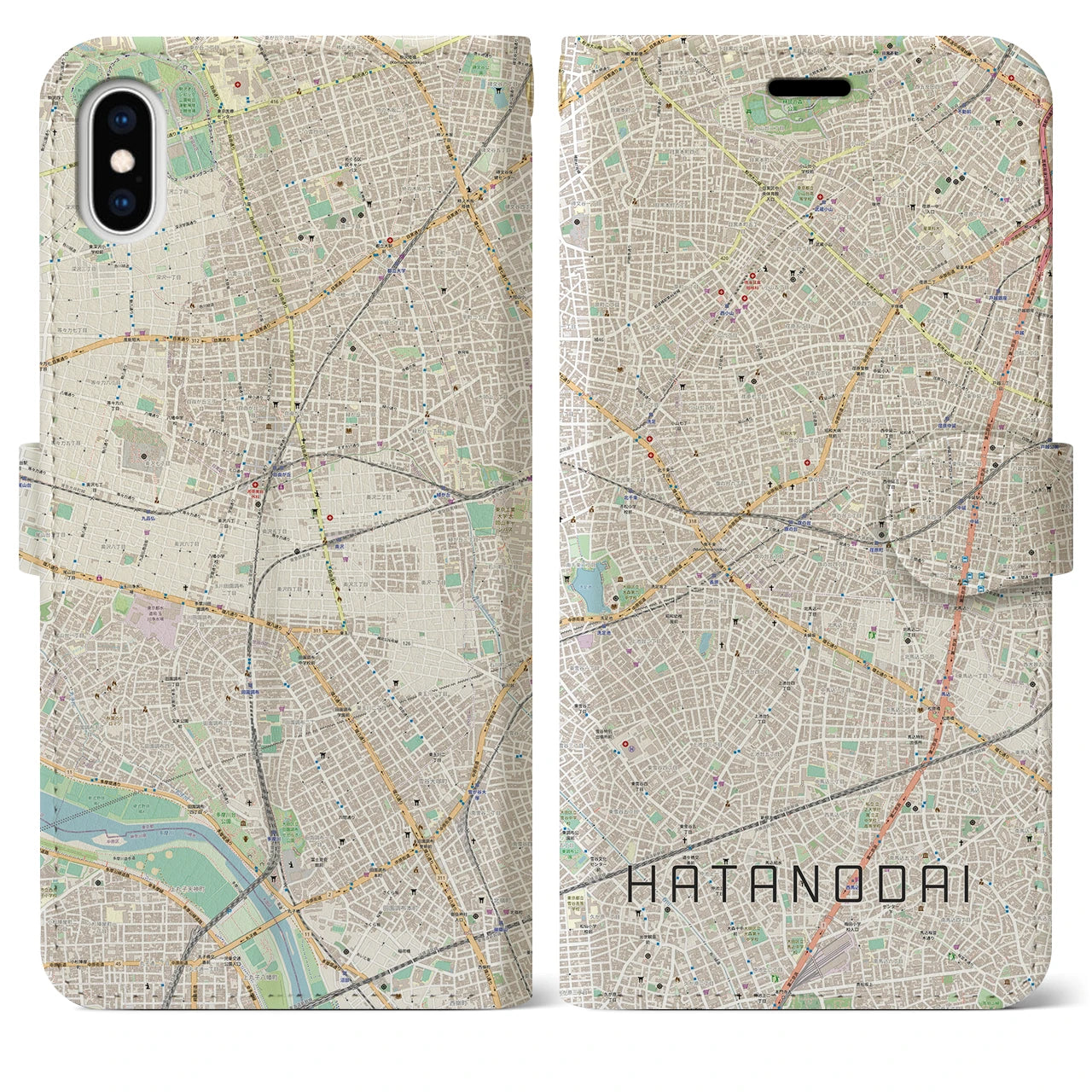 【旗の台(東京都)】地図柄iPhoneケース(手帳タイプ)ナチュラル・iPhone XS Max 用