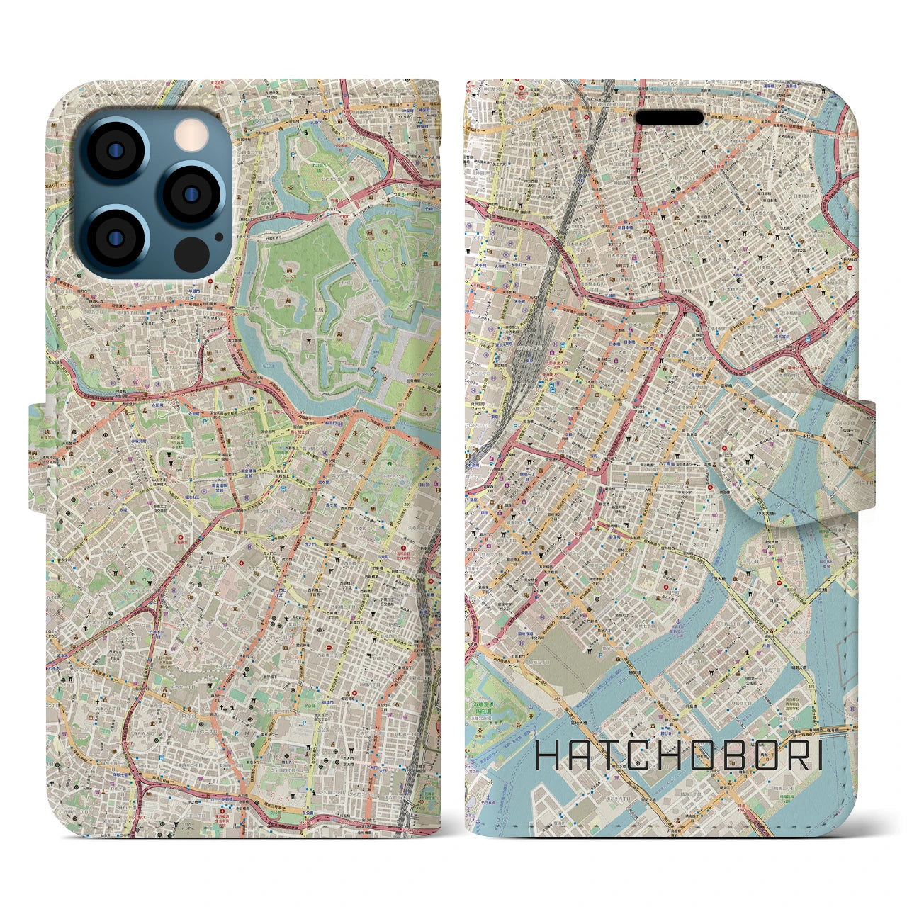 【八丁堀(東京都)】地図柄iPhoneケース(手帳タイプ)ナチュラル・iPhone 12 / 12 Pro 用