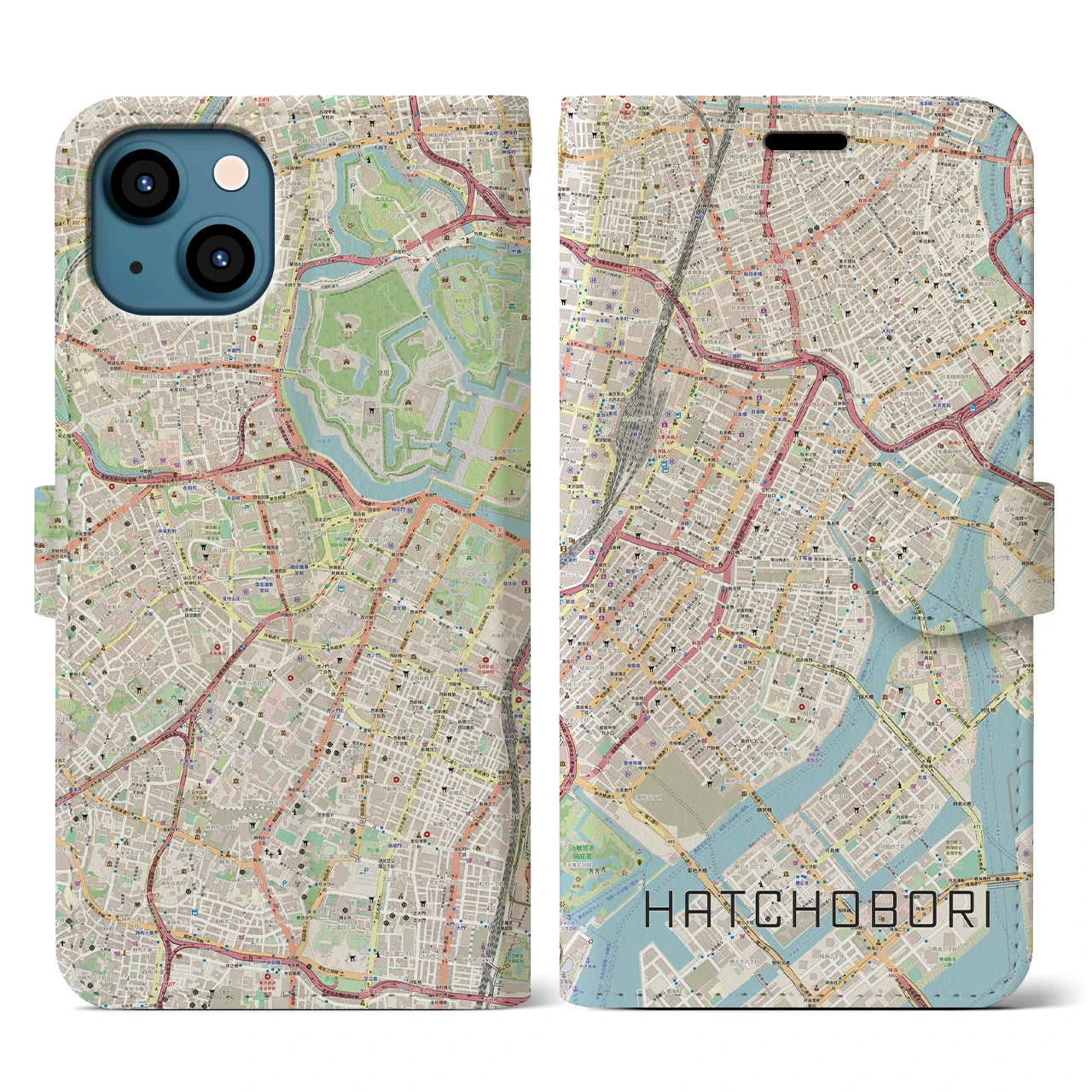 【八丁堀(東京都)】地図柄iPhoneケース(手帳タイプ)ナチュラル・iPhone 13 用