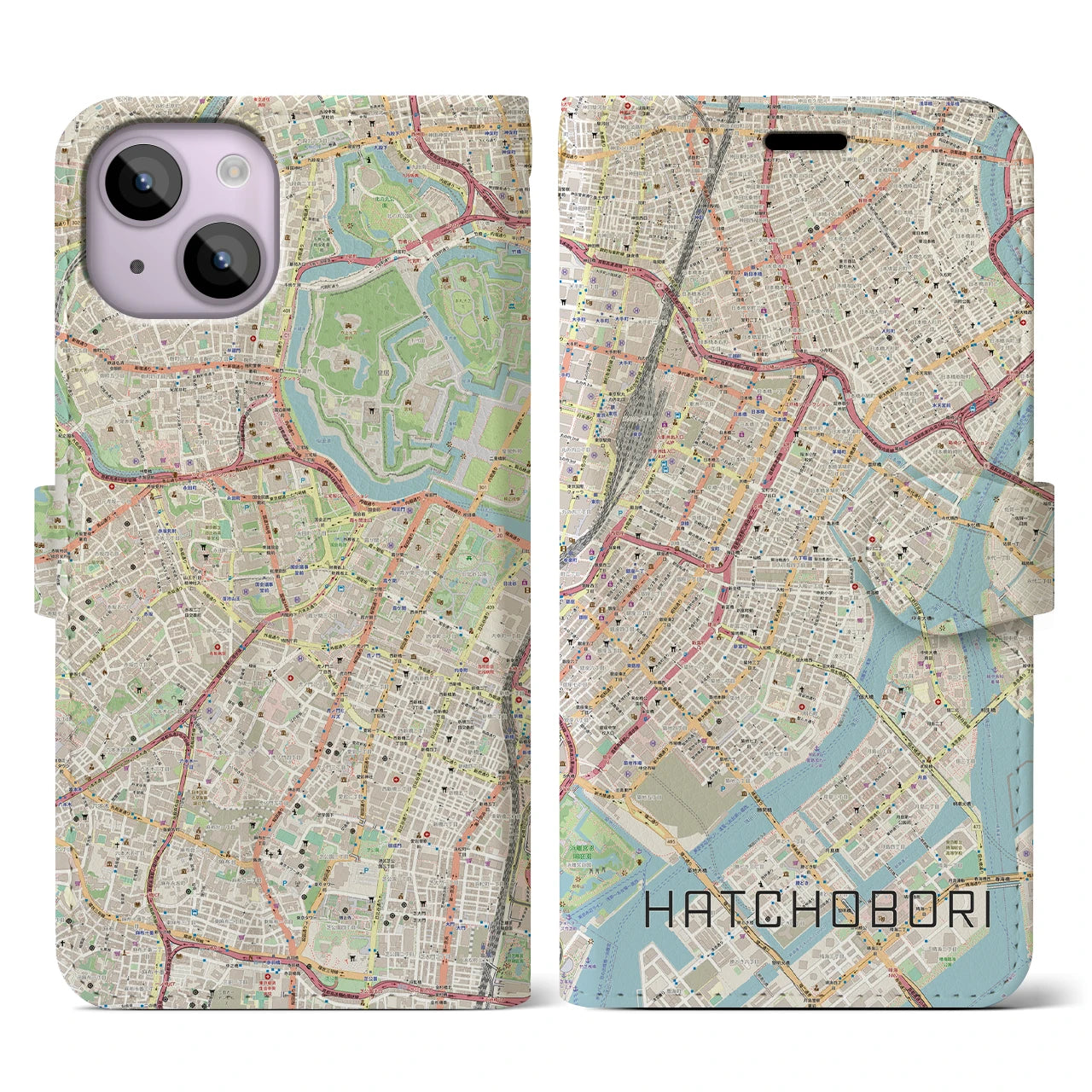 【八丁堀(東京都)】地図柄iPhoneケース(手帳タイプ)ナチュラル・iPhone 14 用