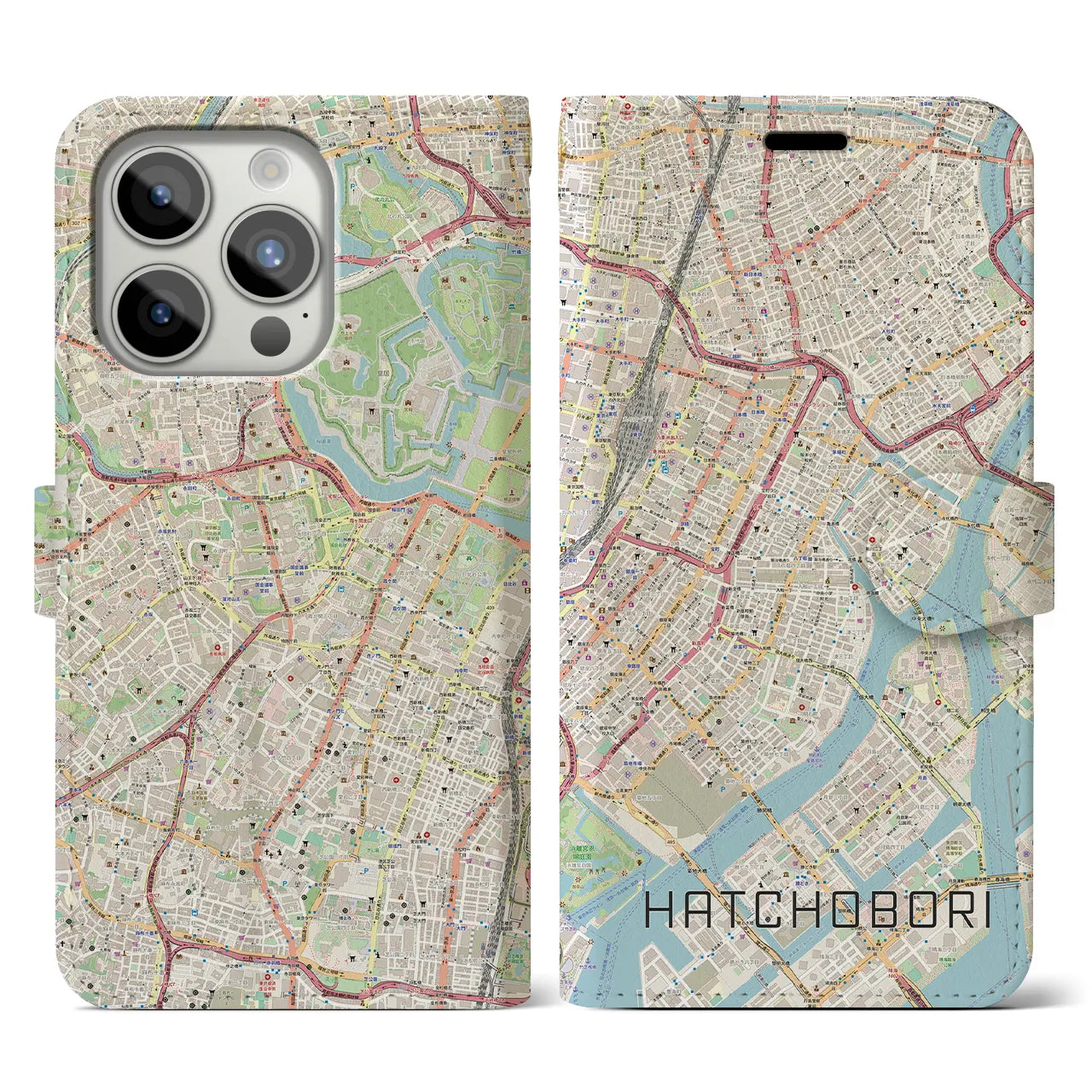 【八丁堀(東京都)】地図柄iPhoneケース(手帳タイプ)ナチュラル・iPhone 15 Pro 用