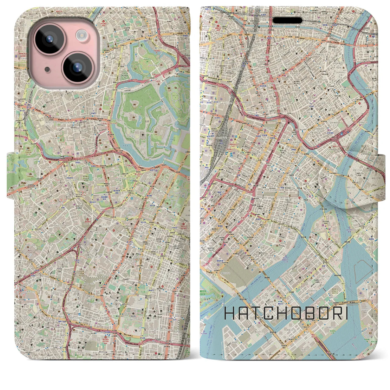 【八丁堀(東京都)】地図柄iPhoneケース(手帳タイプ)ナチュラル・iPhone 15 Plus 用