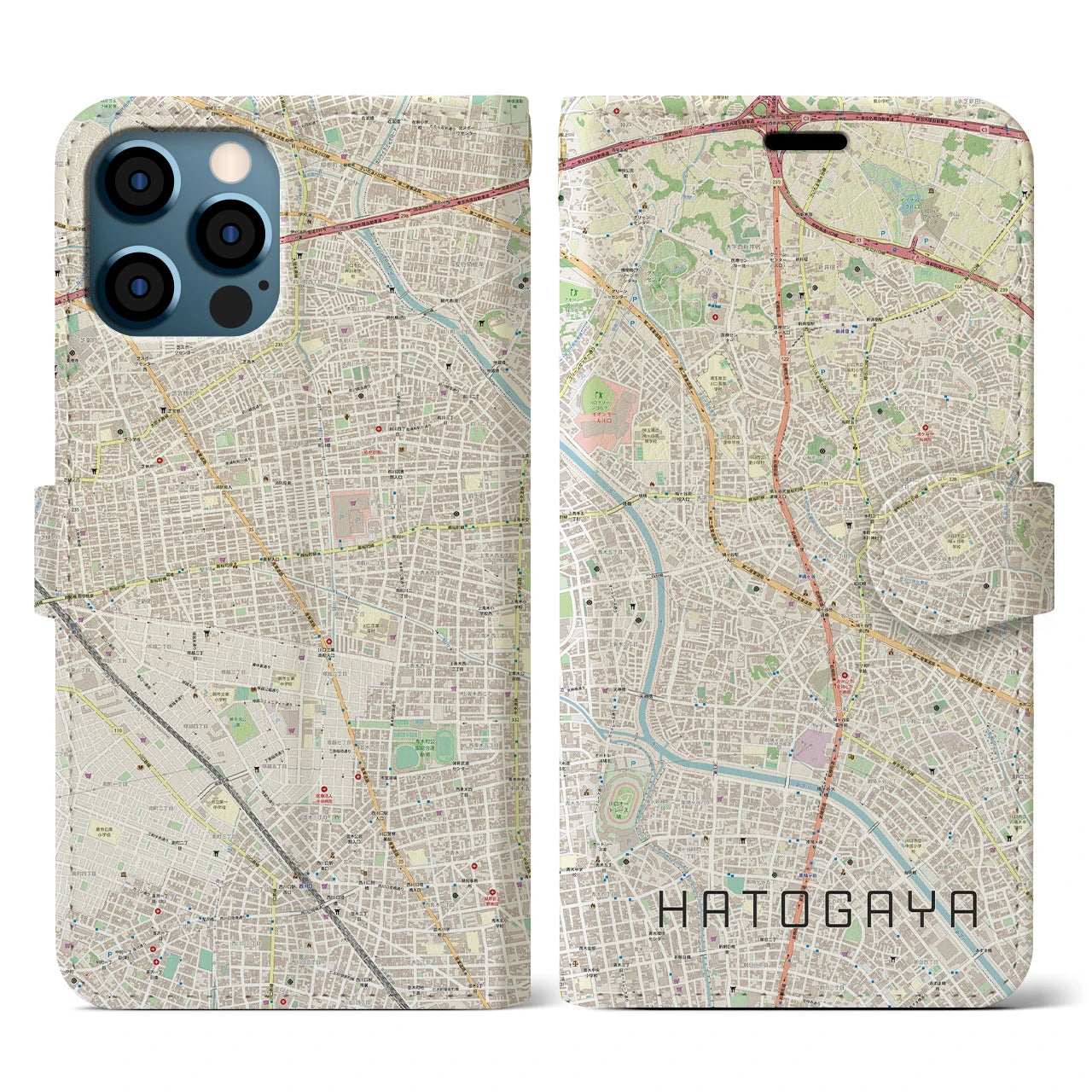 【鳩ヶ谷(埼玉県)】地図柄iPhoneケース(手帳タイプ)ナチュラル・iPhone 12 / 12 Pro 用