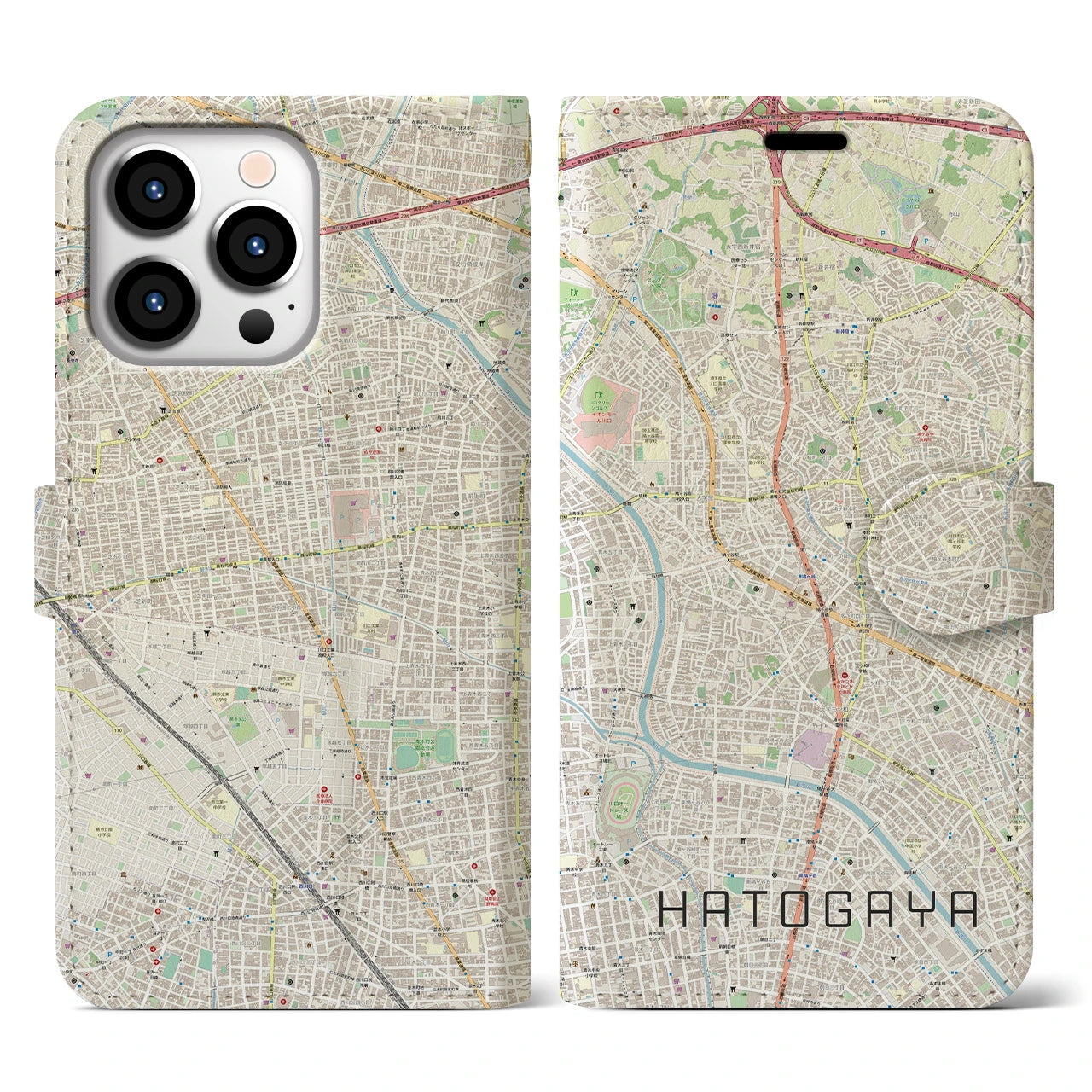 【鳩ヶ谷(埼玉県)】地図柄iPhoneケース(手帳タイプ)ナチュラル・iPhone 13 Pro 用