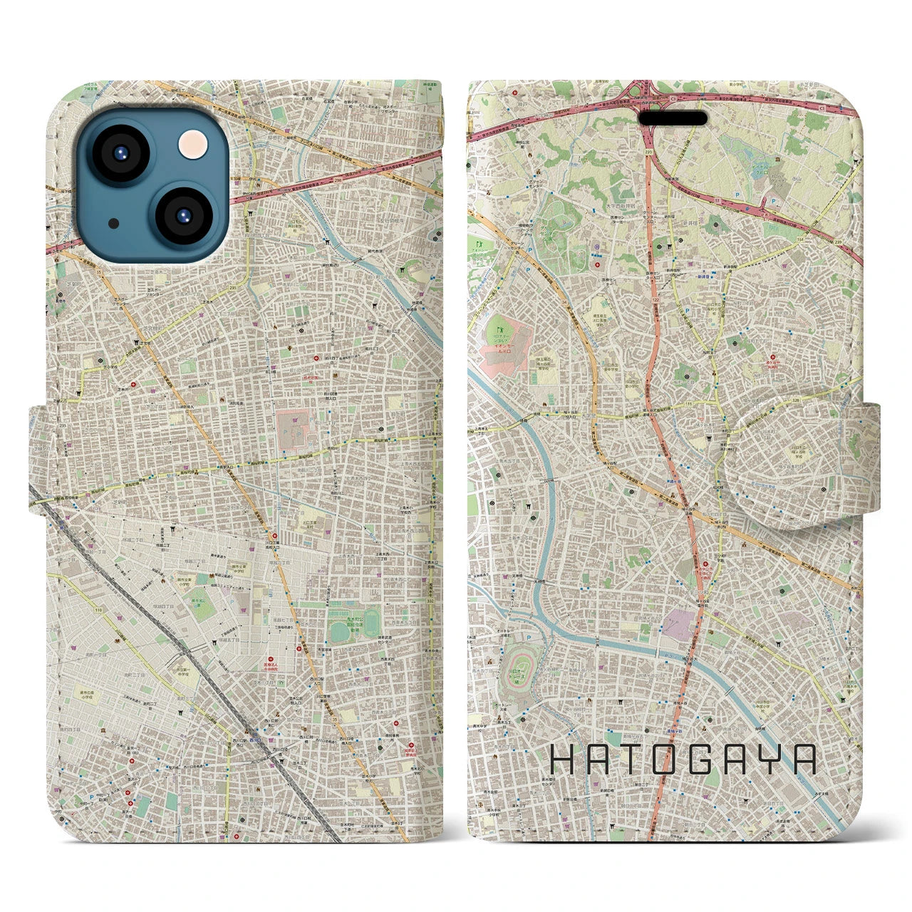 【鳩ヶ谷(埼玉県)】地図柄iPhoneケース(手帳タイプ)ナチュラル・iPhone 13 用