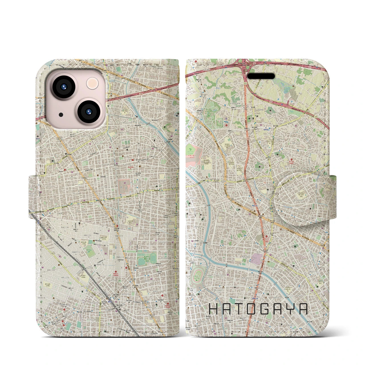 【鳩ヶ谷(埼玉県)】地図柄iPhoneケース(手帳タイプ)ナチュラル・iPhone 13 mini 用