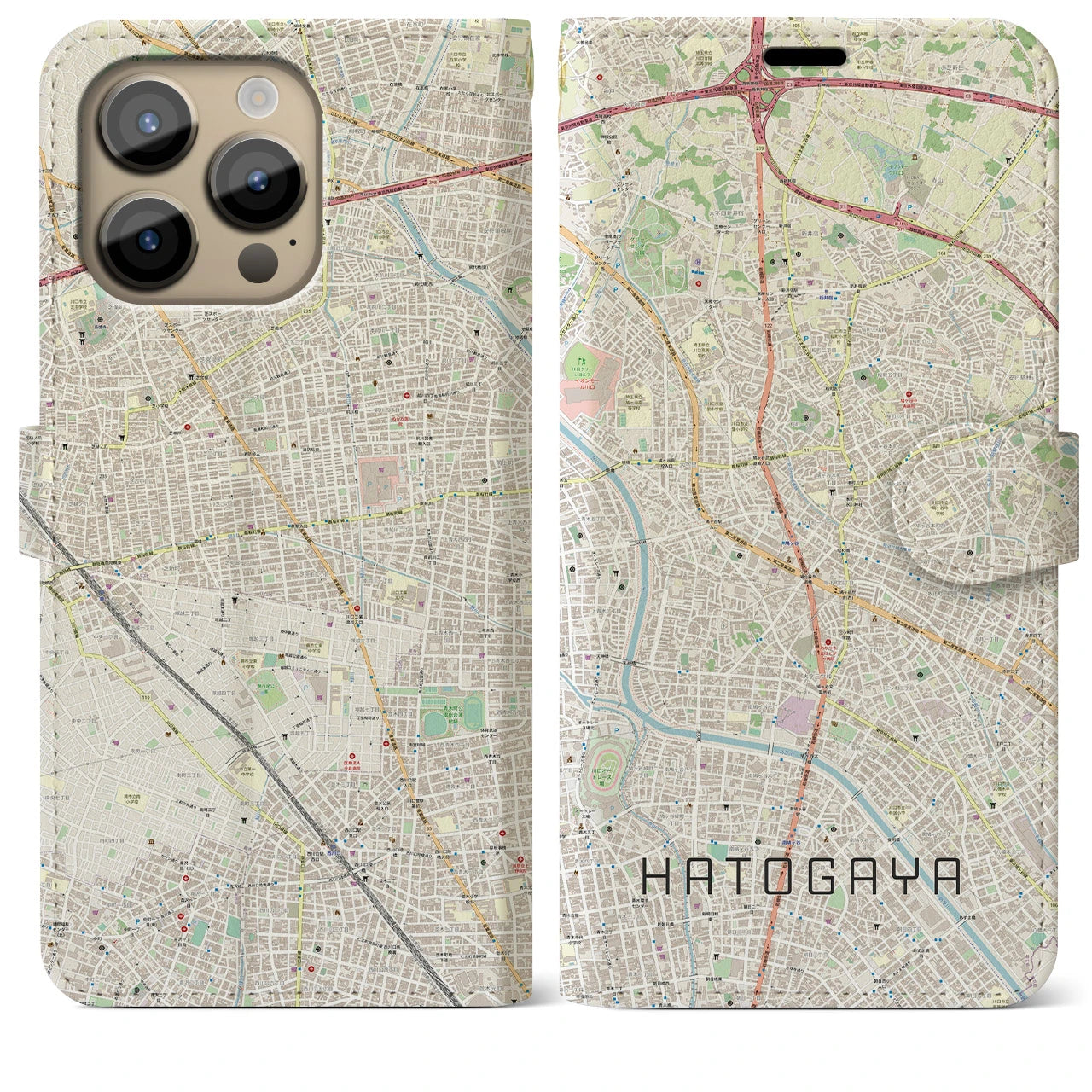 【鳩ヶ谷(埼玉県)】地図柄iPhoneケース(手帳タイプ)ナチュラル・iPhone 14 Pro Max 用