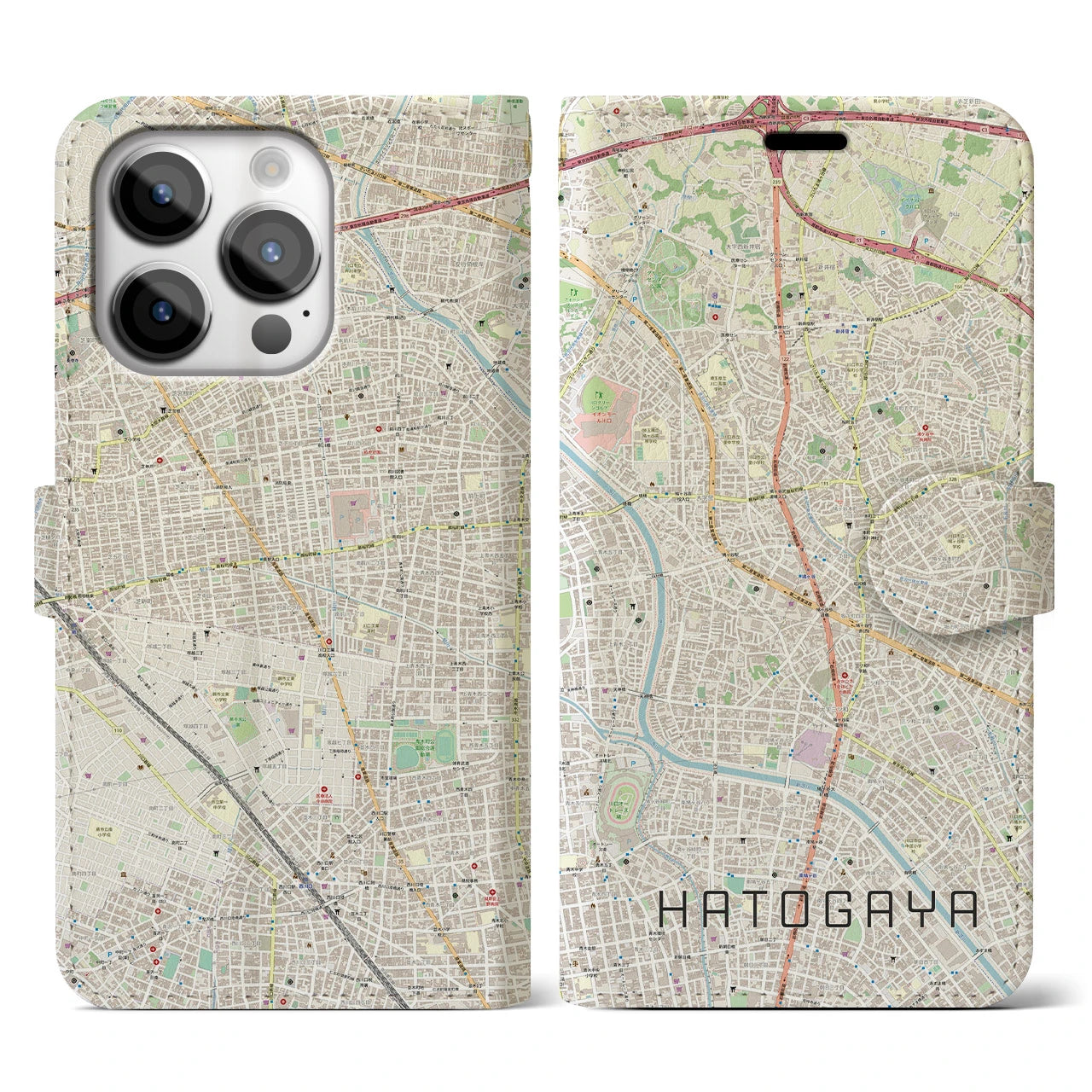【鳩ヶ谷(埼玉県)】地図柄iPhoneケース(手帳タイプ)ナチュラル・iPhone 14 Pro 用