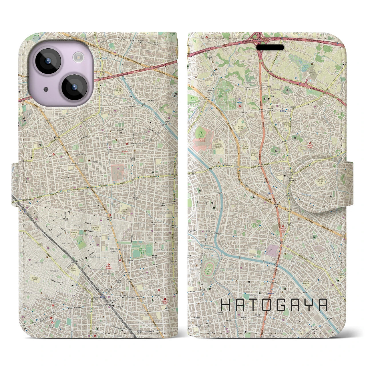 【鳩ヶ谷(埼玉県)】地図柄iPhoneケース(手帳タイプ)ナチュラル・iPhone 14 用