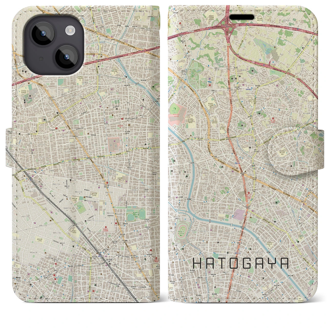 【鳩ヶ谷(埼玉県)】地図柄iPhoneケース(手帳タイプ)ナチュラル・iPhone 14 Plus 用