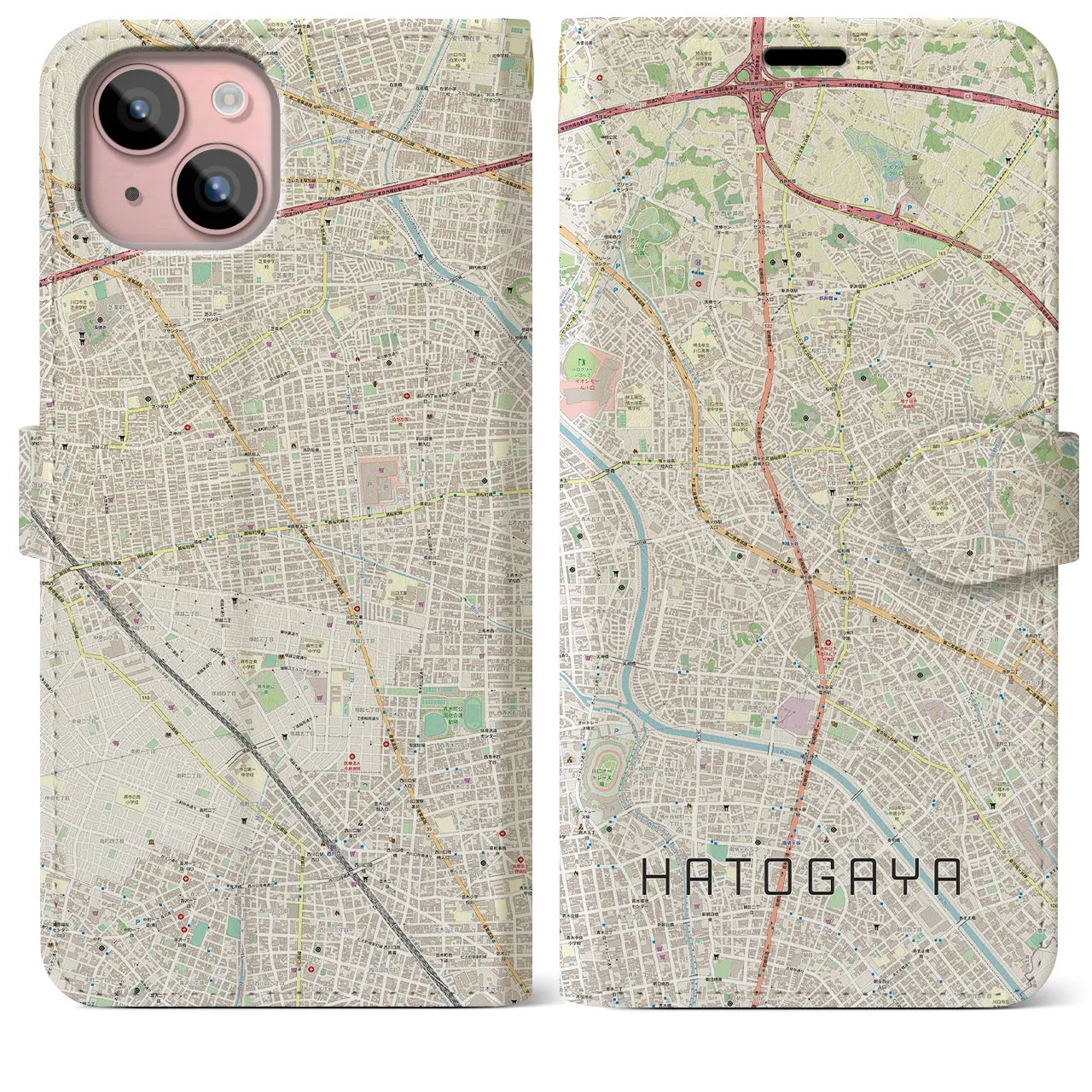 【鳩ヶ谷(埼玉県)】地図柄iPhoneケース(手帳タイプ)ナチュラル・iPhone 15 Plus 用