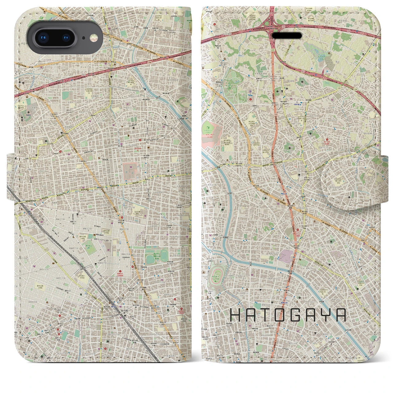 【鳩ヶ谷(埼玉県)】地図柄iPhoneケース(手帳タイプ)ナチュラル・iPhone 8Plus /7Plus / 6sPlus / 6Plus 用