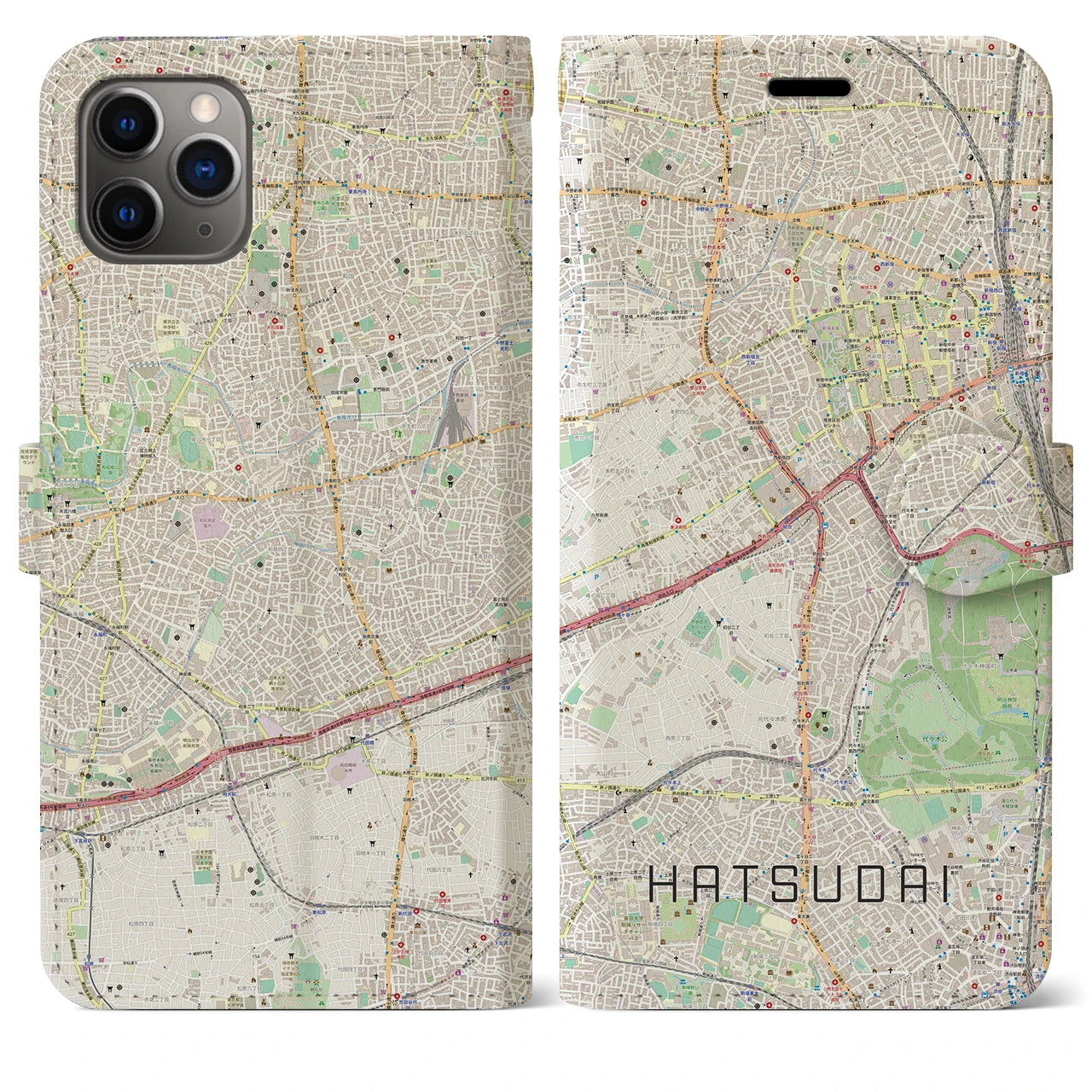 【初台(東京都)】地図柄iPhoneケース(手帳タイプ)ナチュラル・iPhone 11 Pro Max 用