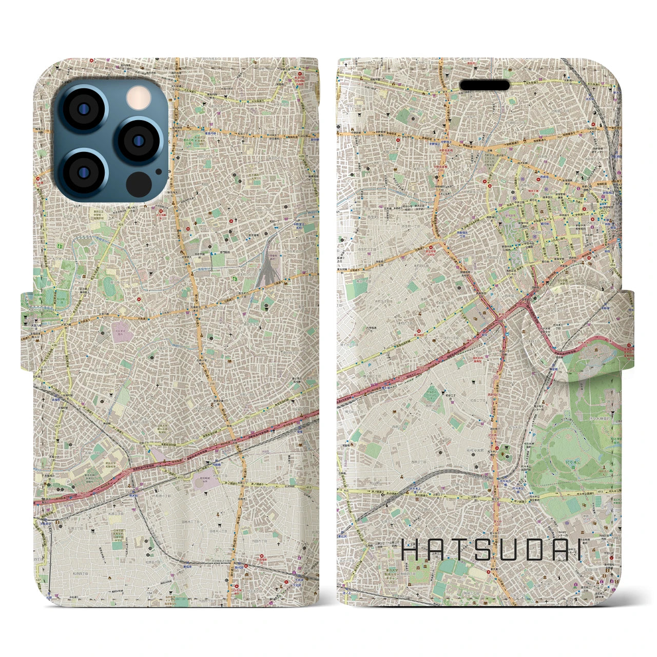 【初台(東京都)】地図柄iPhoneケース(手帳タイプ)ナチュラル・iPhone 12 / 12 Pro 用