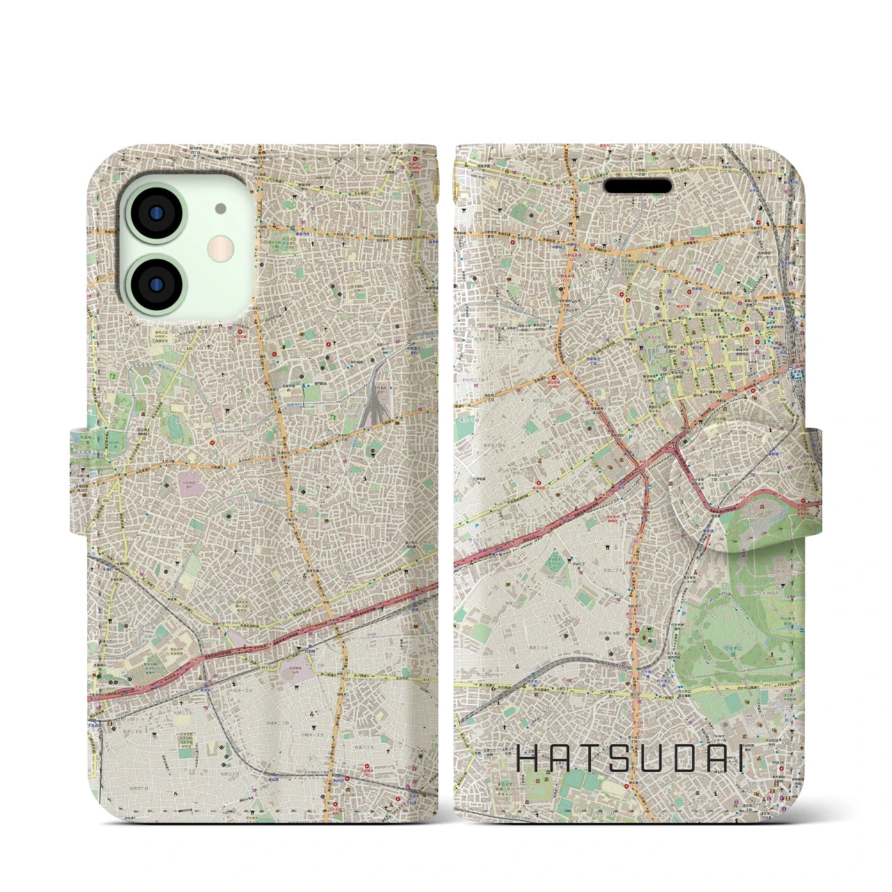 【初台(東京都)】地図柄iPhoneケース(手帳タイプ)ナチュラル・iPhone 12 mini 用