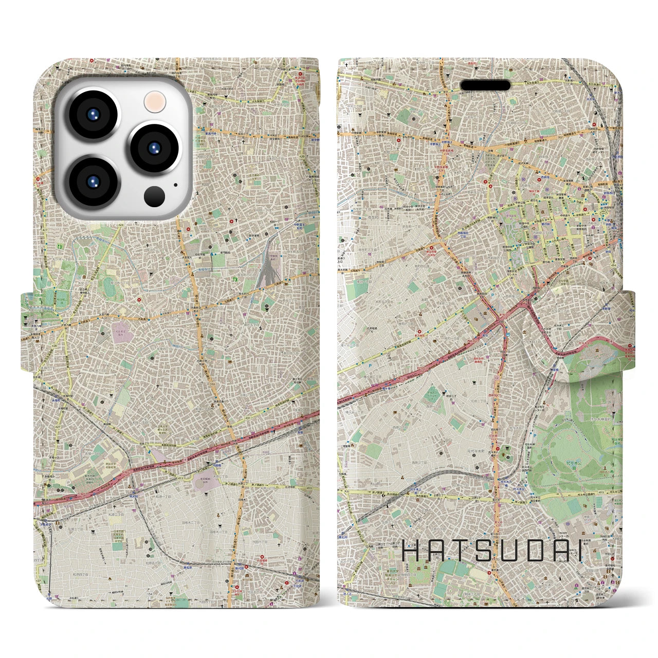 【初台(東京都)】地図柄iPhoneケース(手帳タイプ)ナチュラル・iPhone 13 Pro 用