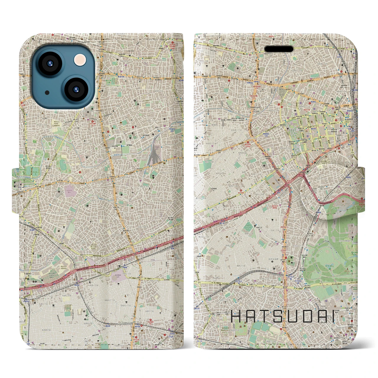 【初台(東京都)】地図柄iPhoneケース(手帳タイプ)ナチュラル・iPhone 13 用
