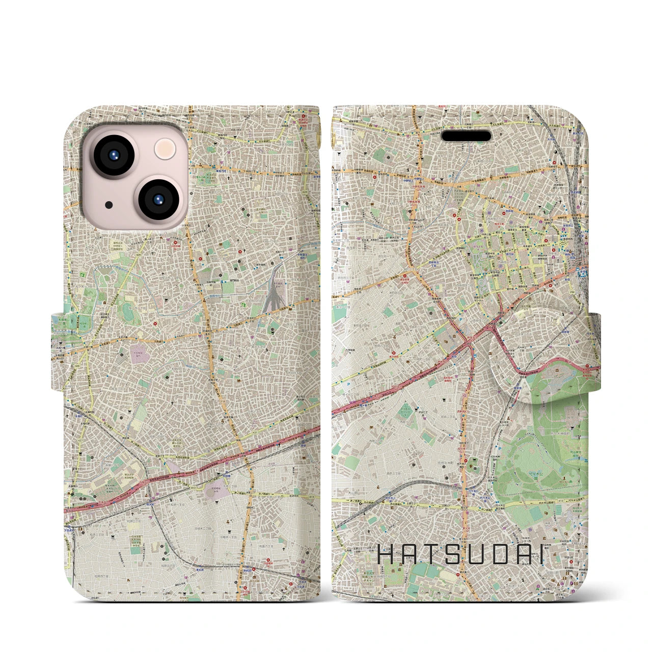 【初台(東京都)】地図柄iPhoneケース(手帳タイプ)ナチュラル・iPhone 13 mini 用
