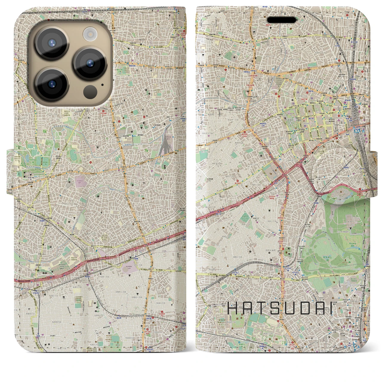 【初台(東京都)】地図柄iPhoneケース(手帳タイプ)ナチュラル・iPhone 14 Pro Max 用