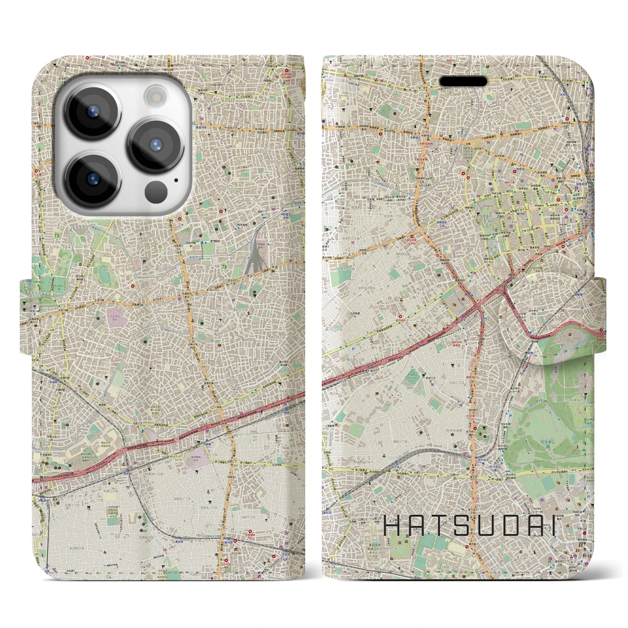 【初台(東京都)】地図柄iPhoneケース(手帳タイプ)ナチュラル・iPhone 14 Pro 用