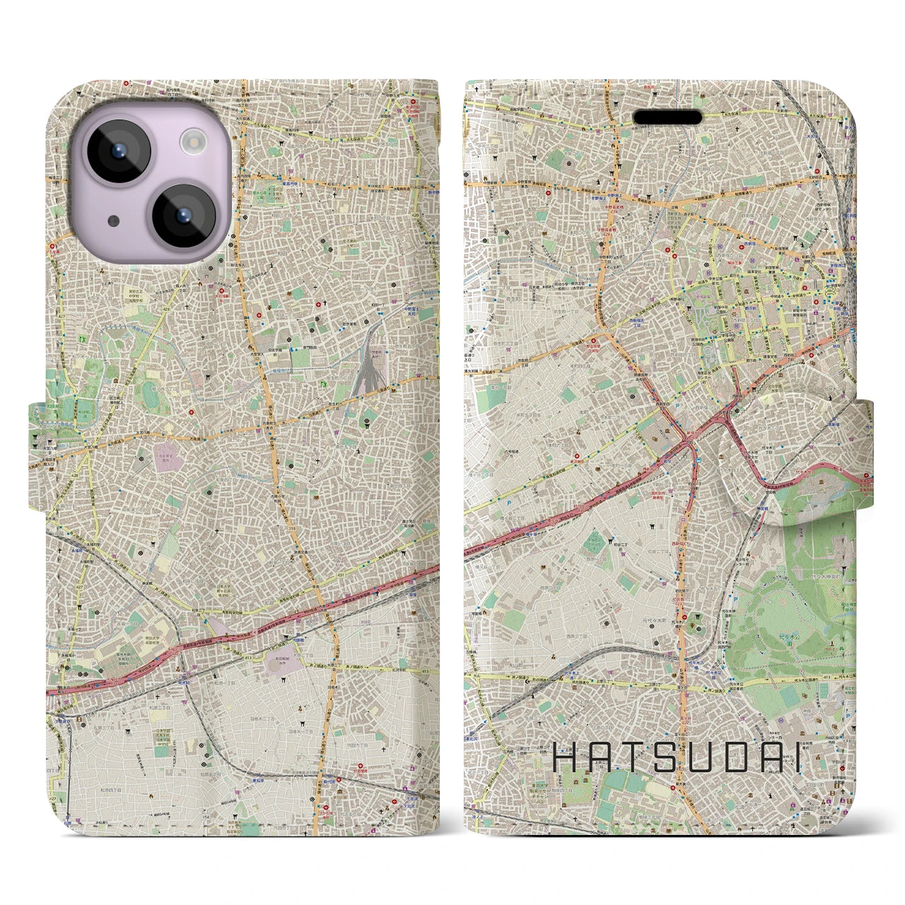 【初台(東京都)】地図柄iPhoneケース(手帳タイプ)ナチュラル・iPhone 14 用
