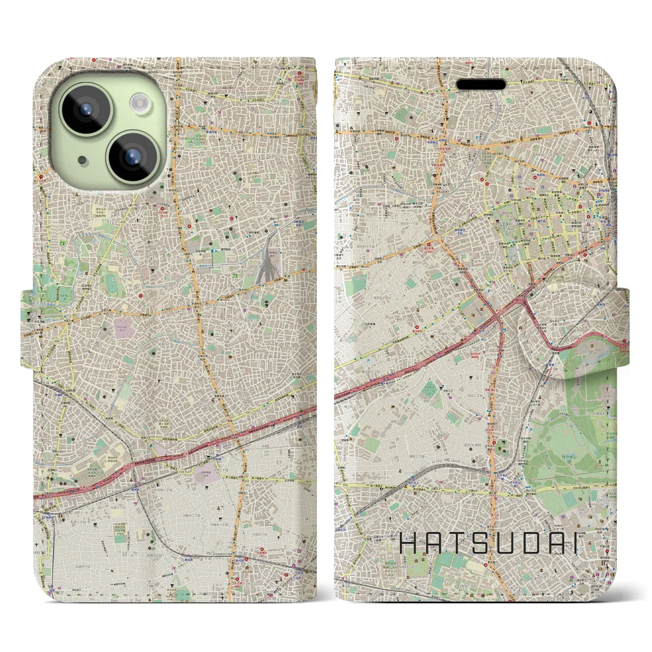 【初台(東京都)】地図柄iPhoneケース(手帳タイプ)ナチュラル・iPhone 15 用