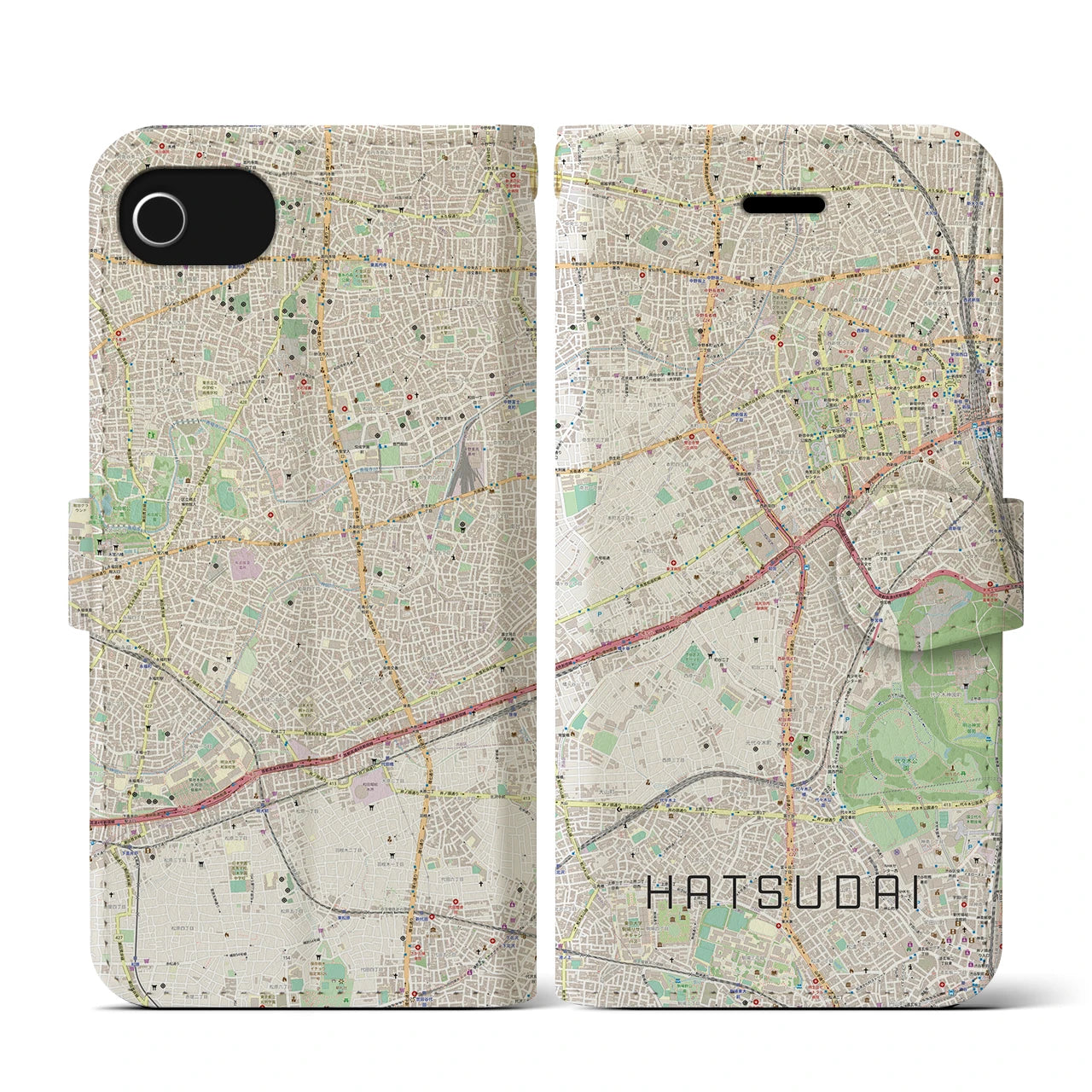 【初台(東京都)】地図柄iPhoneケース(手帳タイプ)ナチュラル・iPhone SE(第3 / 第2世代) / 8 / 7 / 6s / 6 用