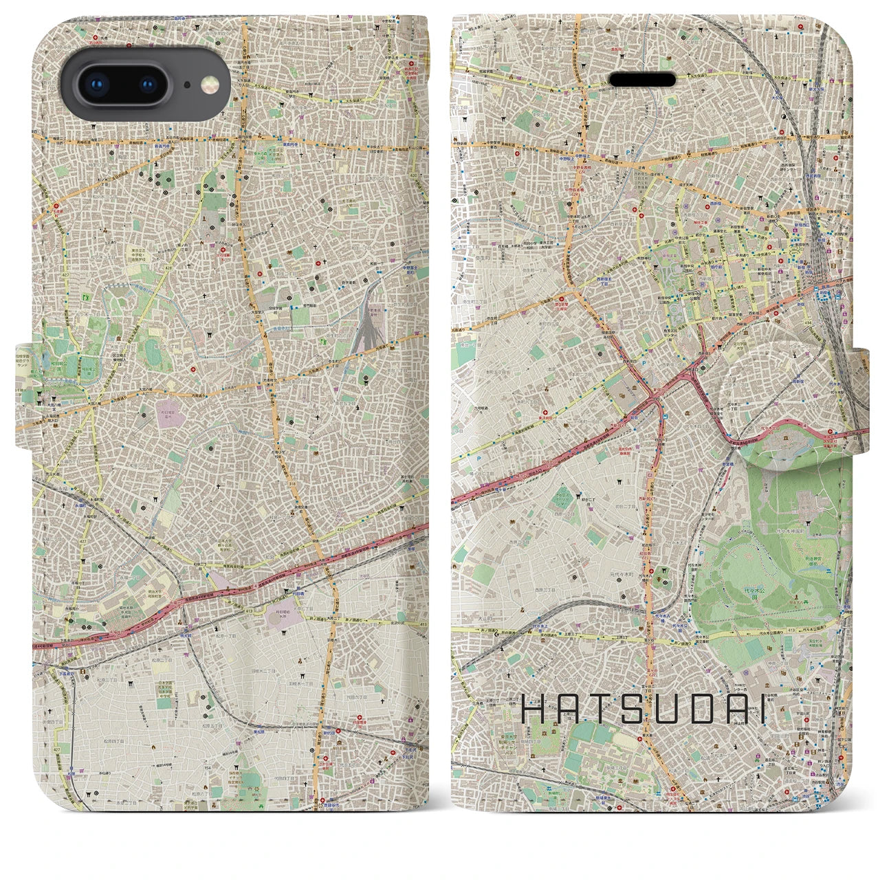 【初台(東京都)】地図柄iPhoneケース(手帳タイプ)ナチュラル・iPhone 8Plus /7Plus / 6sPlus / 6Plus 用
