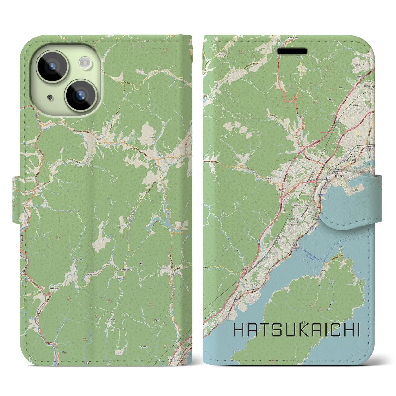 【廿日市(広島県)】地図柄iPhoneケース(手帳タイプ)ナチュラル・iPhone 15 用