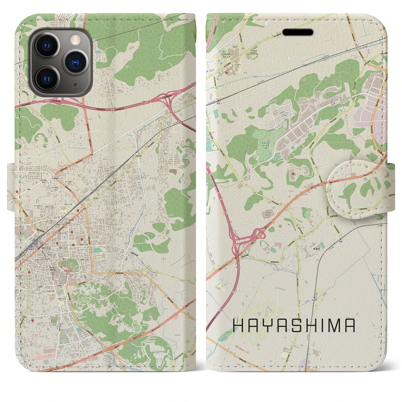 【早島(岡山県)】地図柄iPhoneケース(手帳タイプ)ナチュラル・iPhone 11 Pro Max 用